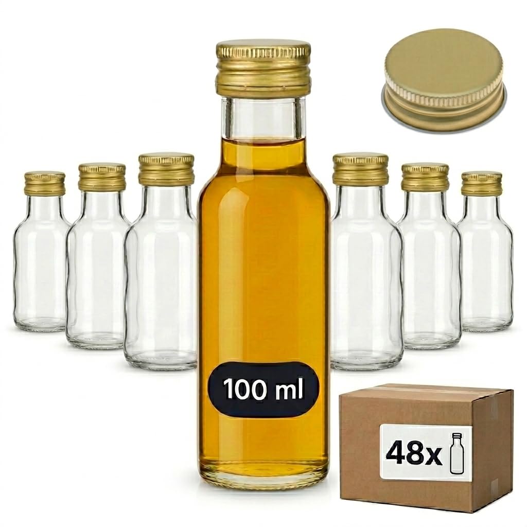 gouveo Lot de 48 bouteilles en verre Dorica (0,10 l) avec bouchon à vis PP 31.5 doré, flacons ronds transparents à remplir pour huile, vinaigre, liqueur, sirop, spiritueux (DFT100G)