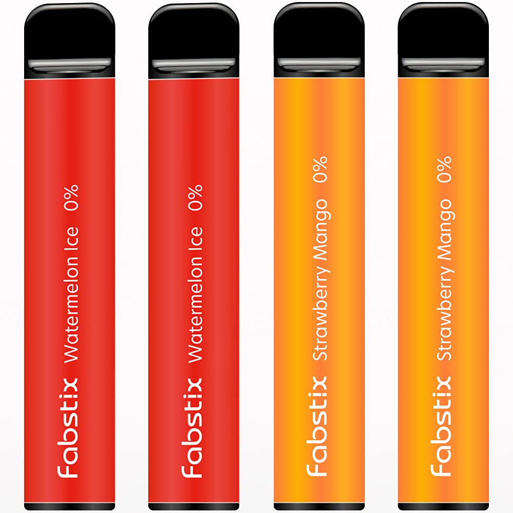 Disposable Vape Pen E-Cigarette Starter Kit, 4 Fabstix MEGA Vape Pens, Prefilled, Precharged, Draw-Activated, 800mAh Big Battery, Pure Vapor - No Nicotine (2 Watermelon Ice + 2 Strawberry Mango)