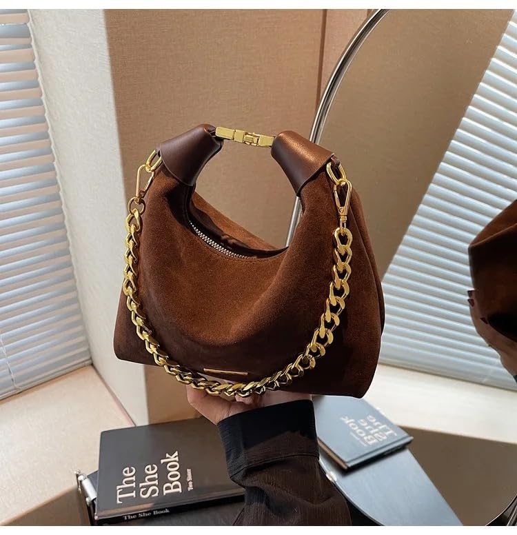 Image of Stylish Brown Suede and Leather Handbag with Gold Chain Handle