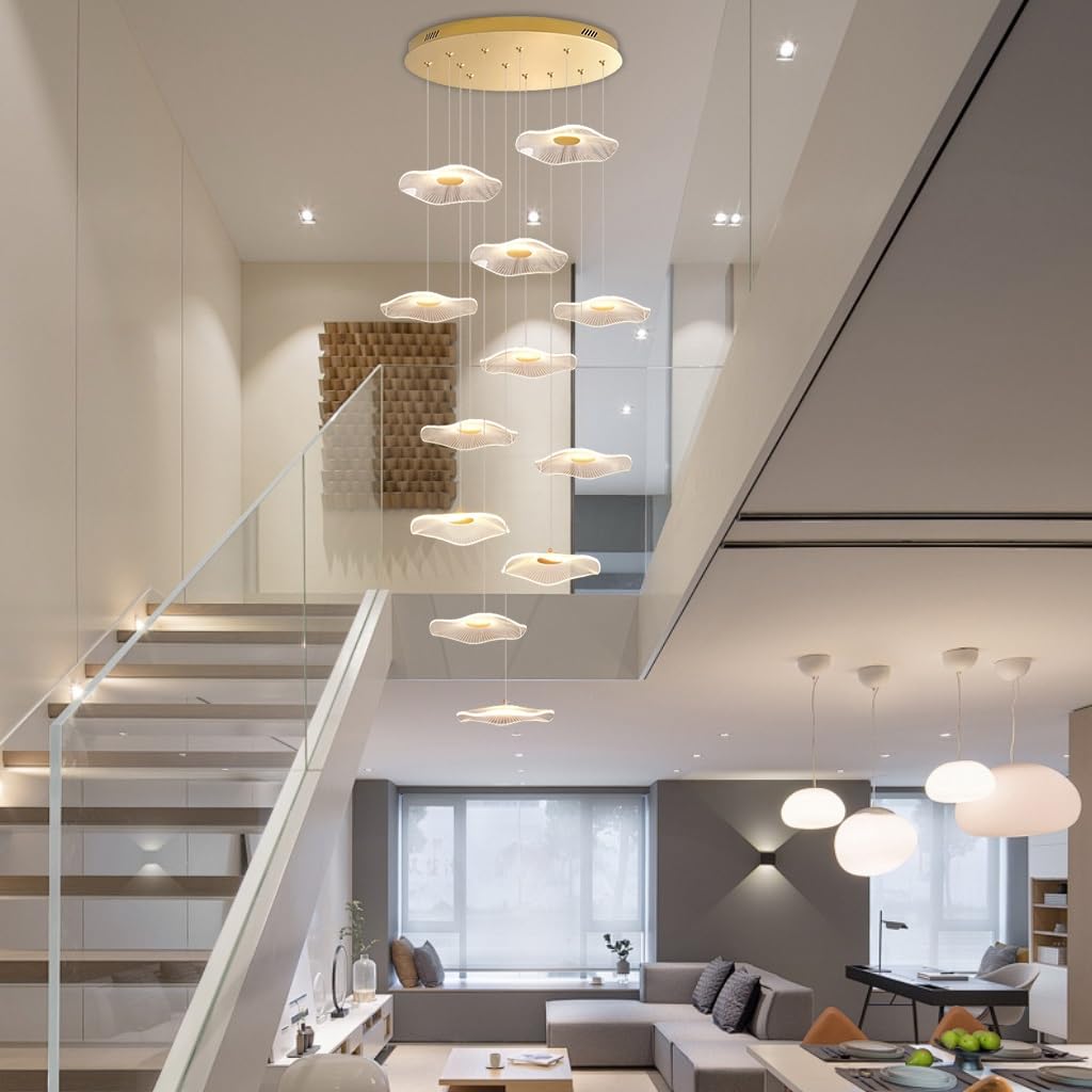 Lustre moderne en or à feuilles de lotus avec suspension cristal 12 lumières LED pour villa