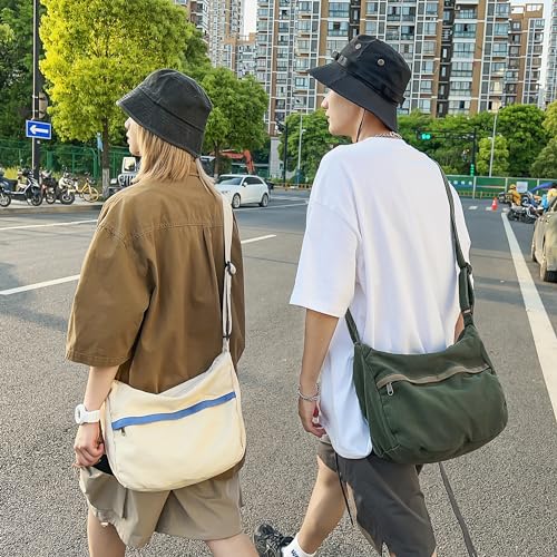 Image of Canvas Messenger Bag Large Hobo Crossbody Bag with Zipper Casual Shoulder Tote Handbag for Women and Men