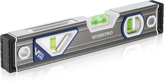 WORKPRO Professional Torpedo Level 25cm,Spirit Level,Aluminium Housing with Shock-Absorbing Rubber End Caps,Patented Verti-site Double View Design