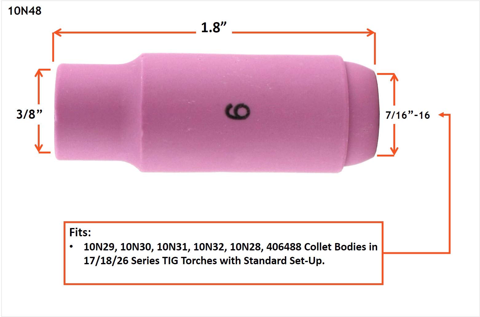 Alumina Nozzle Cups for TIG Welding Torches Series 17/18/26 with Standard Set-Up - Model: 10N48 - #6 (3/8