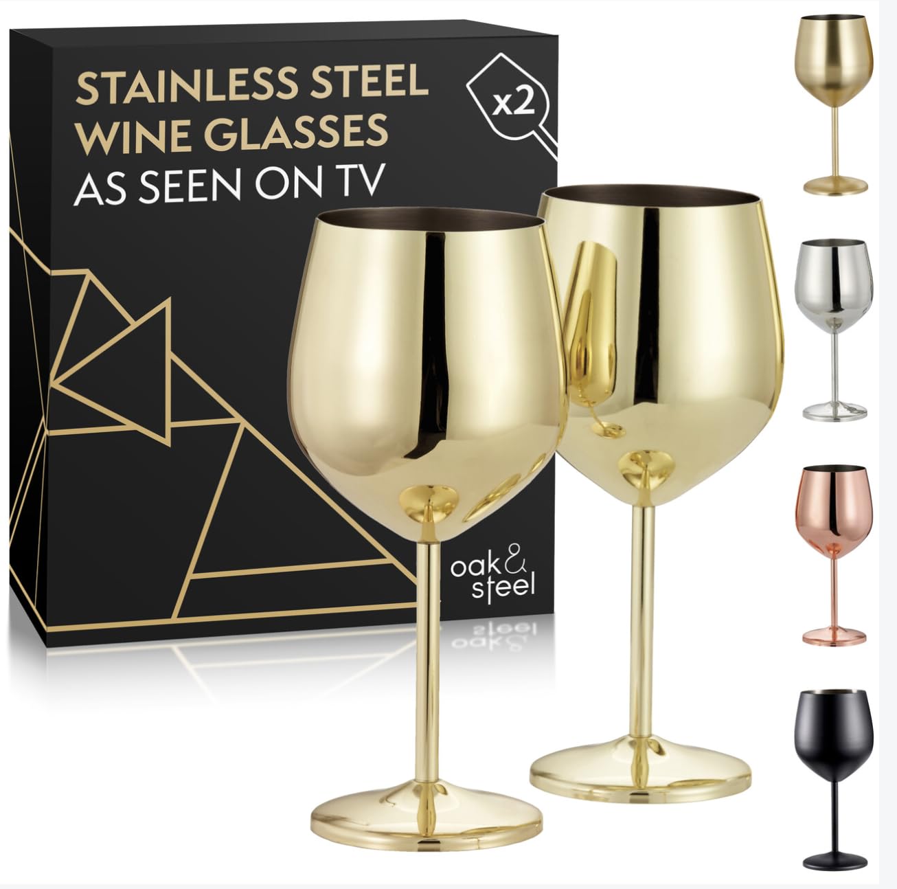 Oak & Steel - 2 Gold Stainless Steel Wine Glasses (18 Oz) Unbreakable Metal Wine Glasses, Wine Goblets with Gift Box for House Warming, Valentines, Anniversary