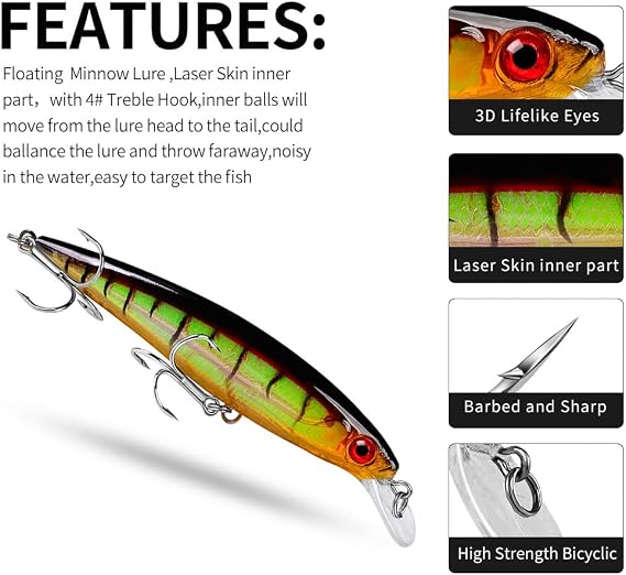 Minnow Lures Popper Set Crankbaits, Fishing Hard Baits, with Treble Hook, Swimbaits Boat Topwater Lures, for Trout Bass Perch