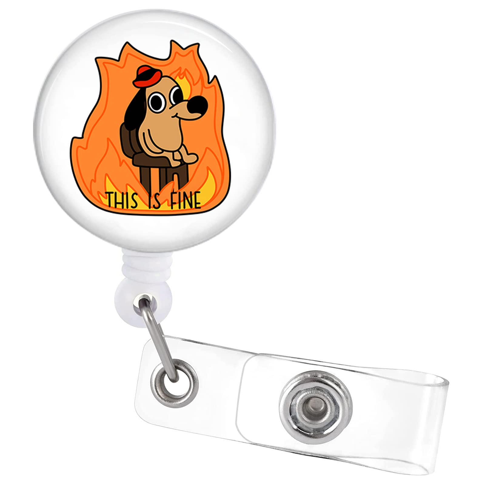 Badge Reel Retractable with Alligator Clip This is Fine Funny Nurse Badge Holder Dog Fire Meme Badge for Medical RN Office Worker Students Name Decoration（White）