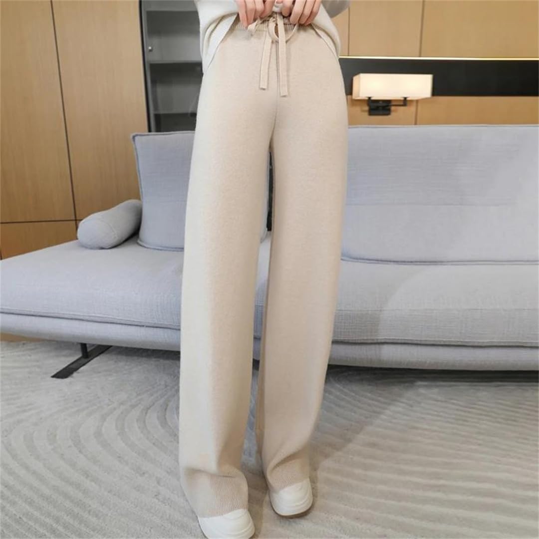 Pantaloni invernali da donna in lana lavorata a maglia, a gamba larga, a vita alta e pantaloni larghi in lana, Beige, M