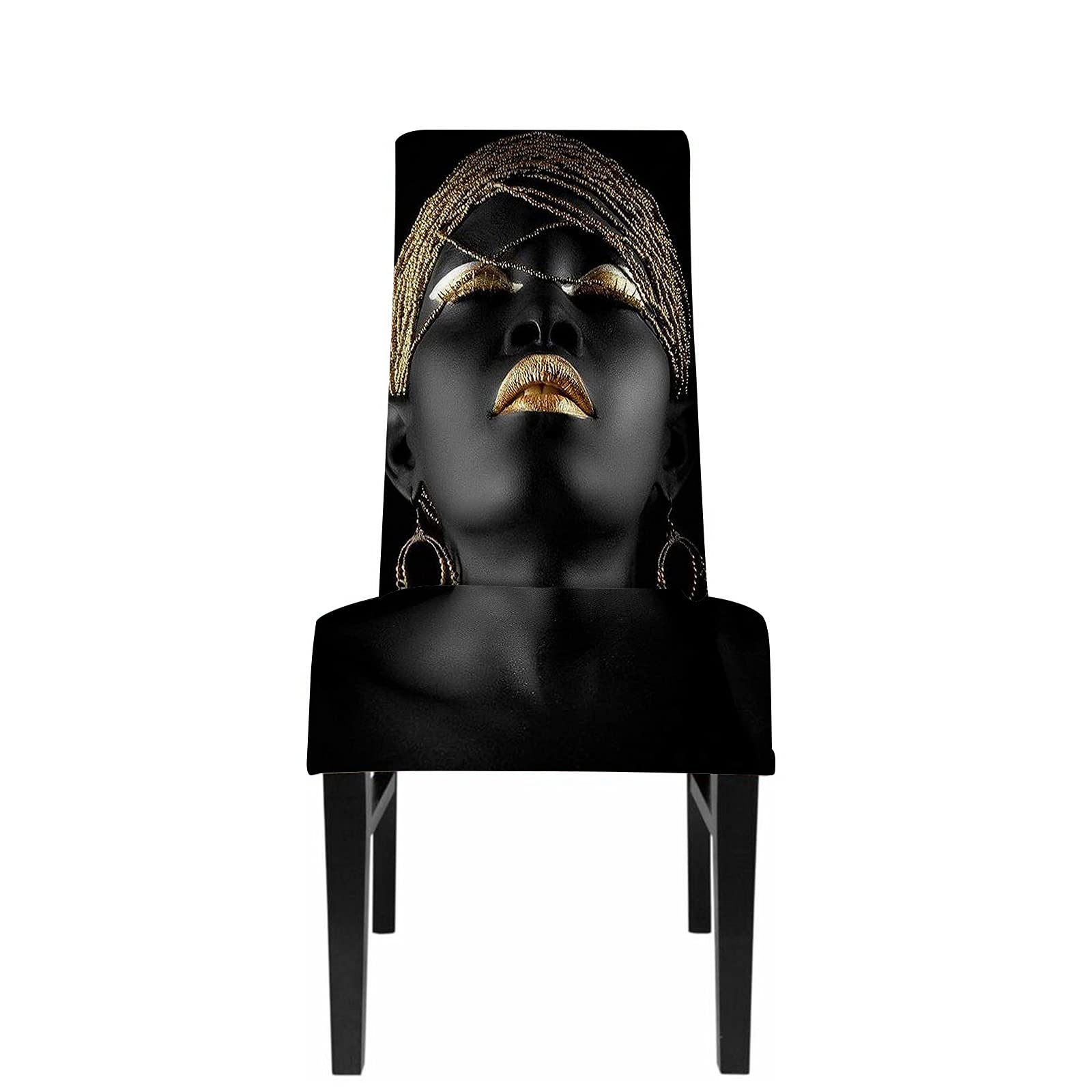 WONDERTIFY African American Woman Chair Covers for Dining Room Afro Girl Stretch Slipcovers Chair Protector Decor for Home and Banquet Gold Black