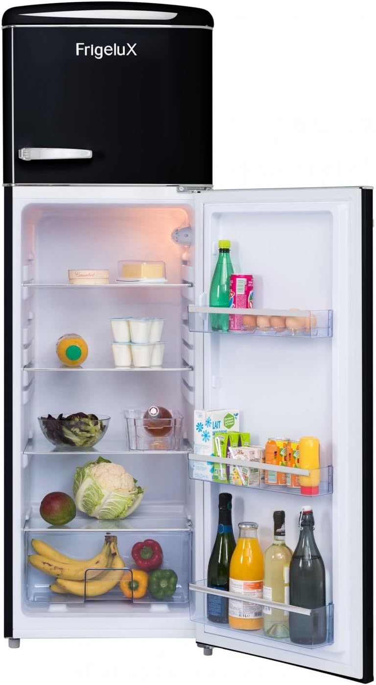 Interior view of the FrigeluX refrigerator with food items on shelves and in the crisper.
