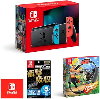Nintendo Switch 本体 (ニンテンドースイッチ) Joy-Con(L) ネオンブルー/(R) ネオンレッド+【任天堂ライセンス商品】Nintendo Switch専用液晶保護フィルム 多機能+リングフィット アドベンチャー (【Amazon.co.jp限定】Nintendo Switch ロゴデザイン マイクロファイバークロス 同梱)