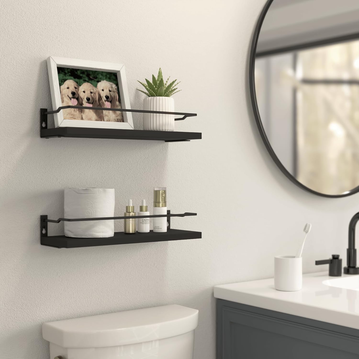 RICHER HOUSE Black Bathroom Shelves, Guard-Rail Floating Wall Shelf for Bathroom Decor Small Wall Mounted Wood Shelf - Image 2