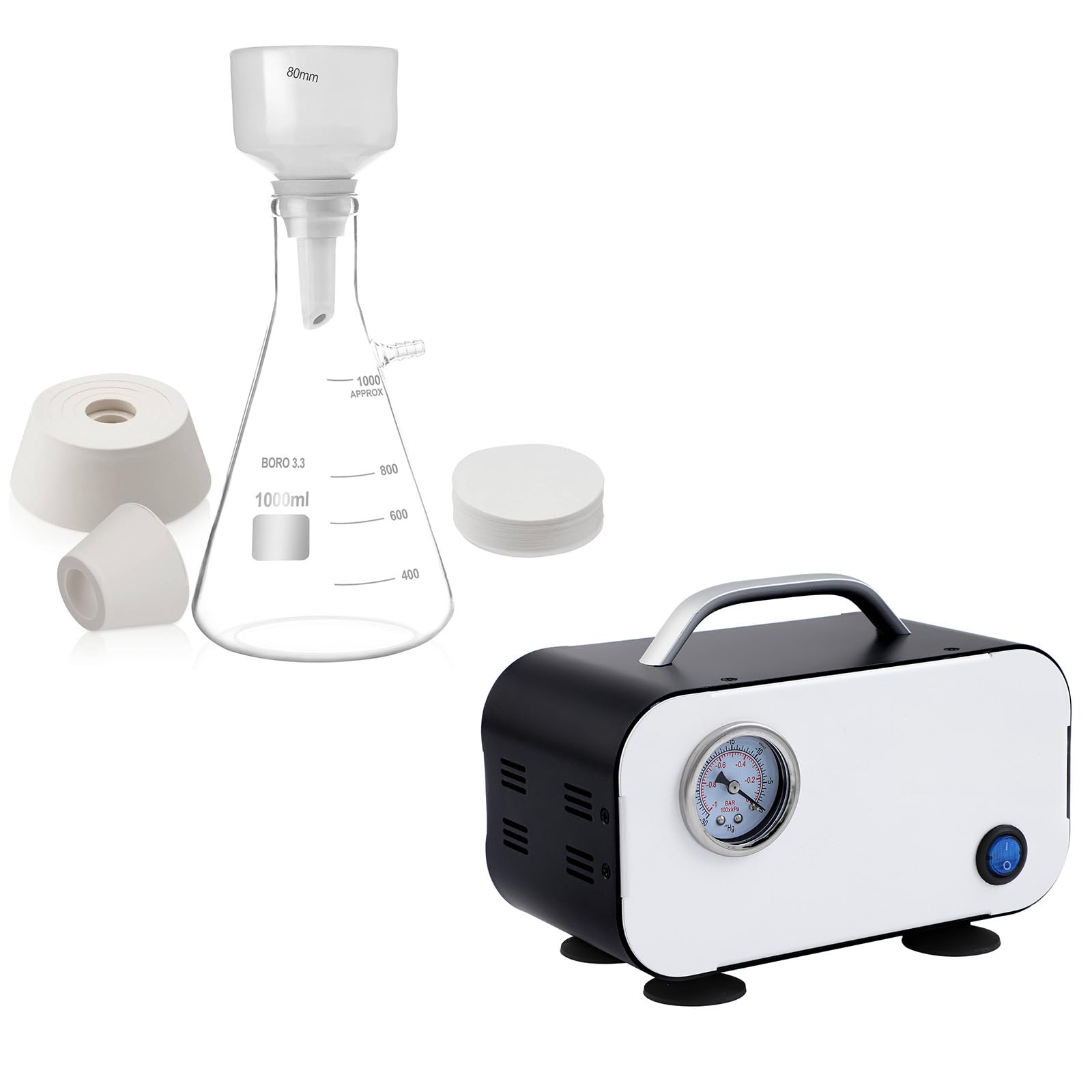Creahub Lab Vacuum Pump & Filtration Kit | 10L/min, Oilless, Quiet, With 1000ml Buchner Funnel