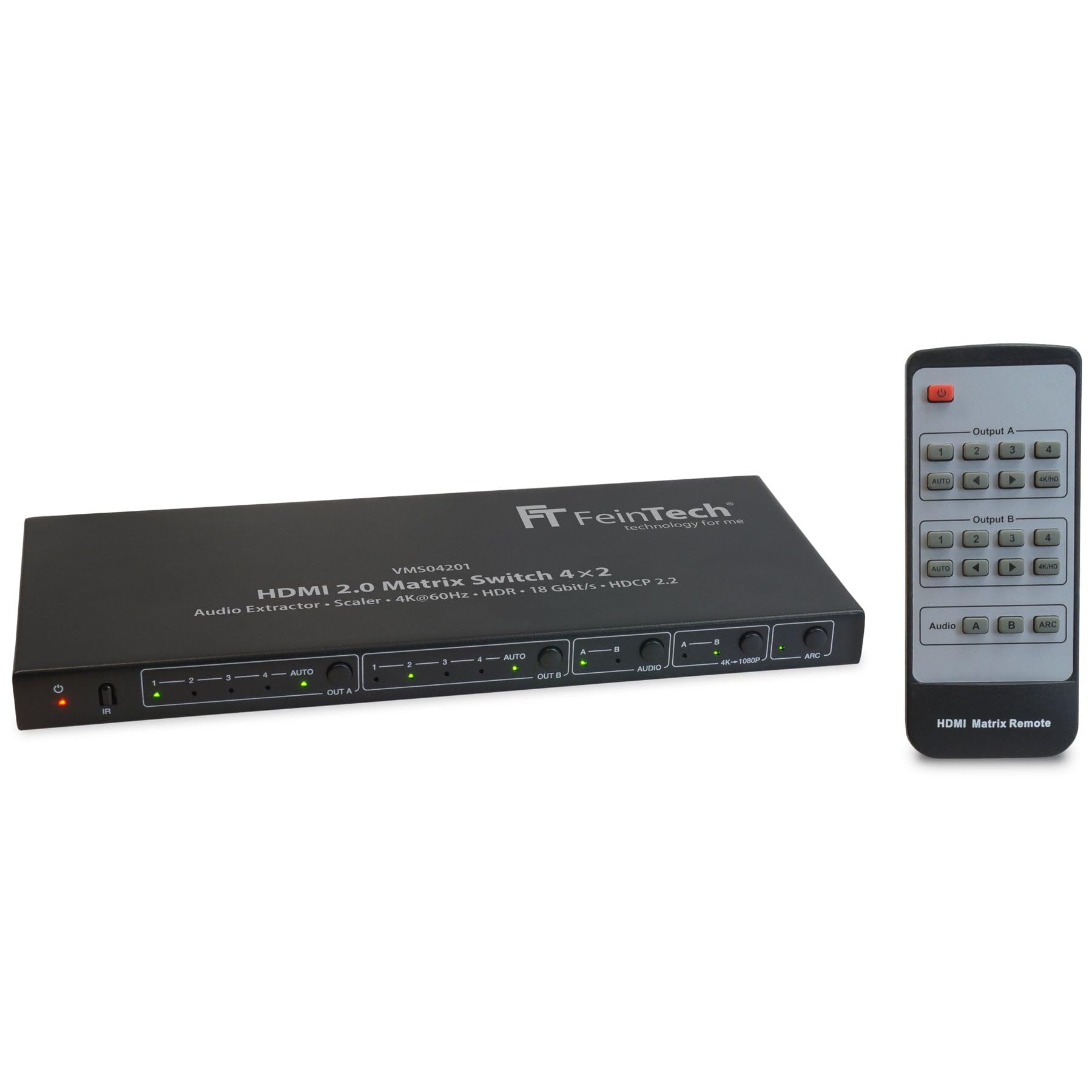 FeinTech VMS04201 Commutateur Matrix Switch HDMI 4 x 2 avec extracteur Audio Ultra HD 4K 60 Hz HDR