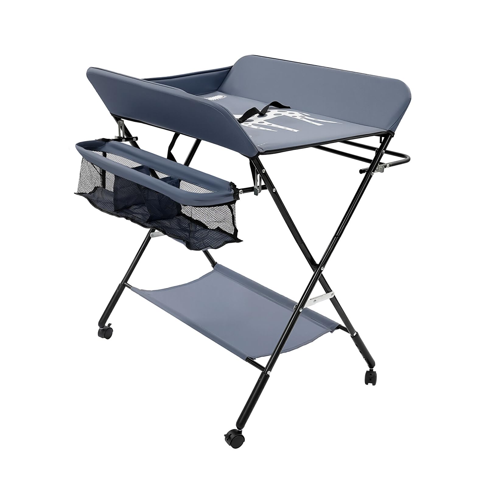 Cambiador 3 en 1 plegable y portátil, hasta 25 kg, cambiador para recién nacidos, cambiador con cesta de almacenamiento, cinturón de seguridad y 4 ruedas con freno, altura ajustable, gris