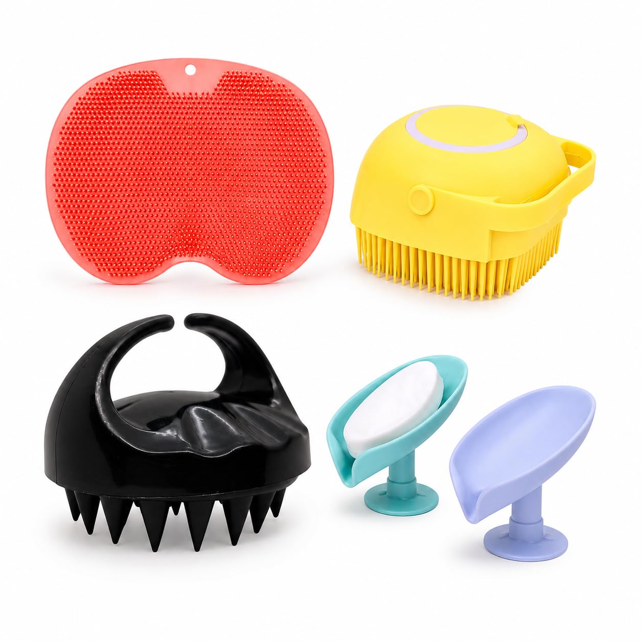 5-Piece Silicone Bath Essentials with Scalp Massager Kit | Scalp Shampoo Massager, Soap Dispenser Body Scrubber, Bath Scrubber Pad, 2 Self-Draining Soap Holders, Soft Silicone-image-16