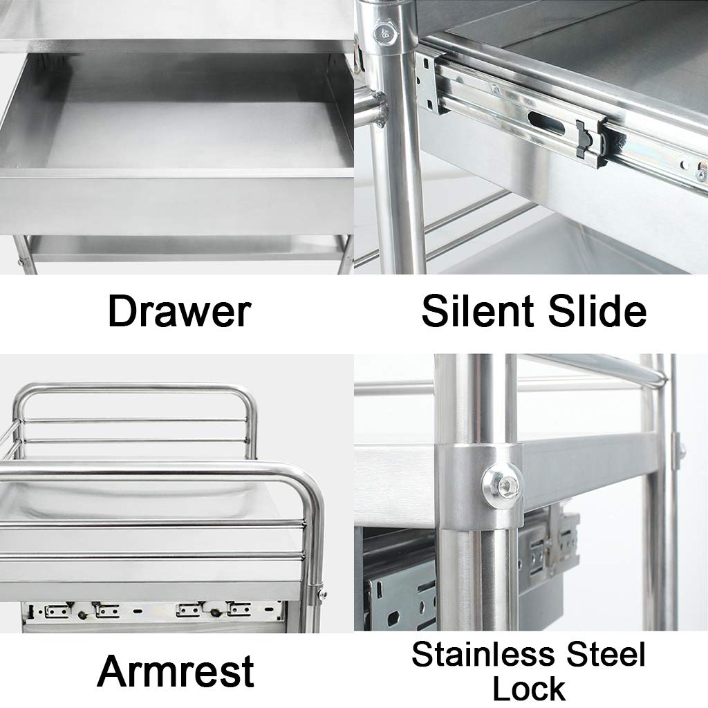 Carrello Medico, Multifunzionale Carrello da Cucina, Acciaio Inossidabile con Carrello da Laboratorio per Ospedale, con Ruote Bloccabili - 2/3 Strati