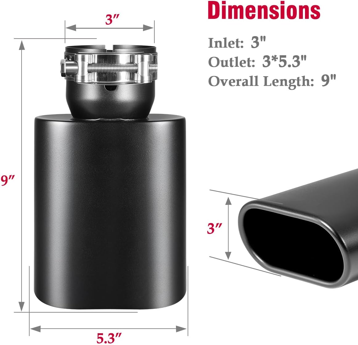 Upower Square Exhaust Tip 3" Inlet, 3" x 5.3" Outlet 9" Long Black Coating Rectangle Exhaust Tailpipe Tip, Clamp on Design