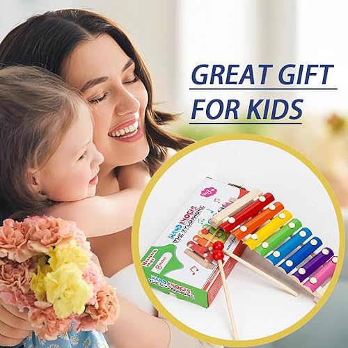 Miniatura 7 de Xilófono para niños pequeños, xilófono de bebé con 2 mazos de madera seguros y 8 llaves diatónicas, instrumentos musicales para niños pequeños,