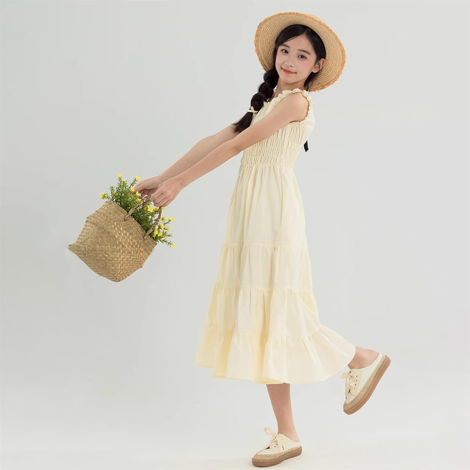 Vestito da ragazza estivo casual boho spiaggia midi fluente prendisole bambini senza maniche smock vacanza A Line abito adolescenti abiti morbidi comfort
