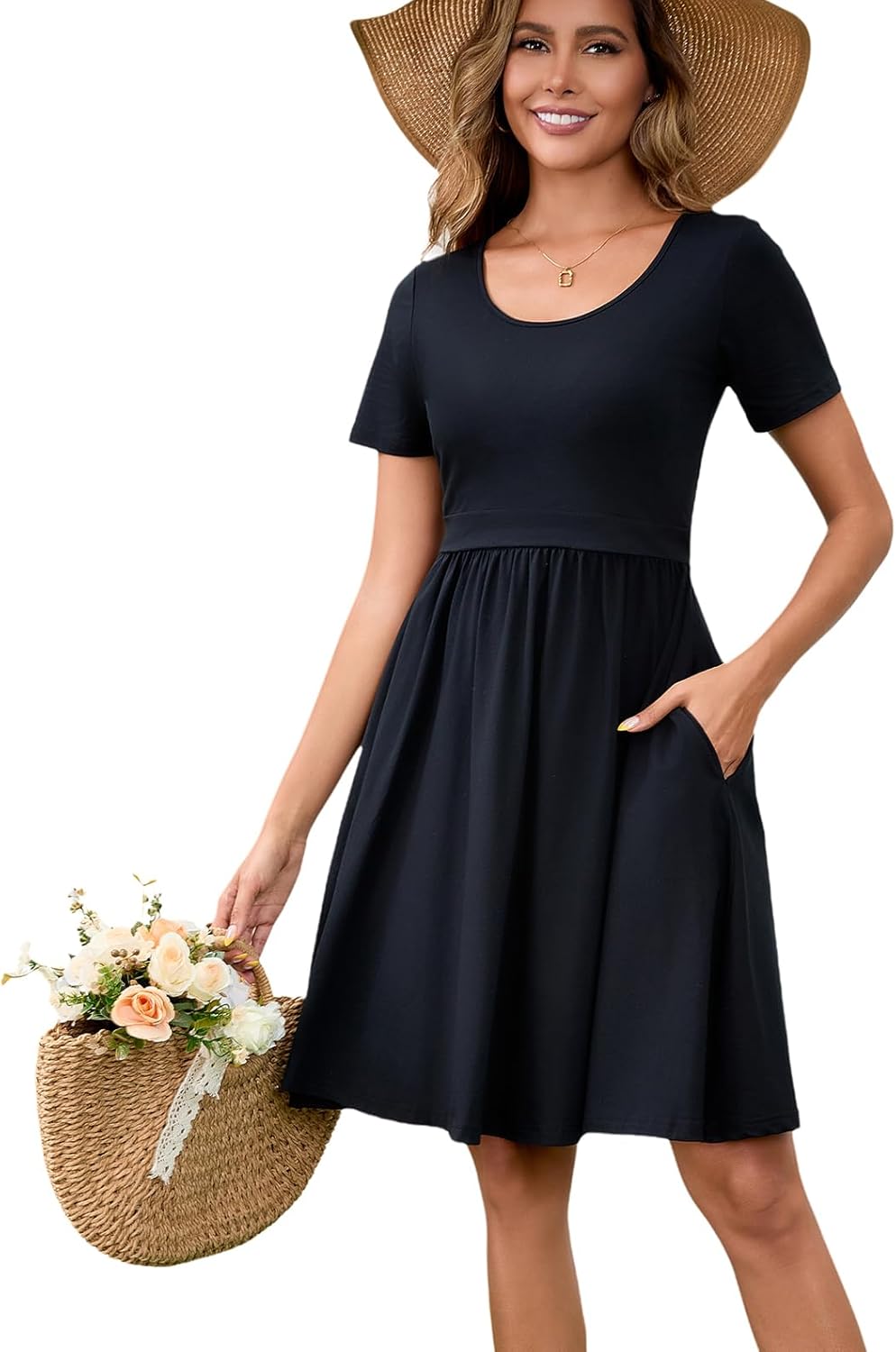 Women's Nursing Dresses Breastfeeding Summer Comfortable Cotton Short Sleeve Breastfeeding Dress with Pockets