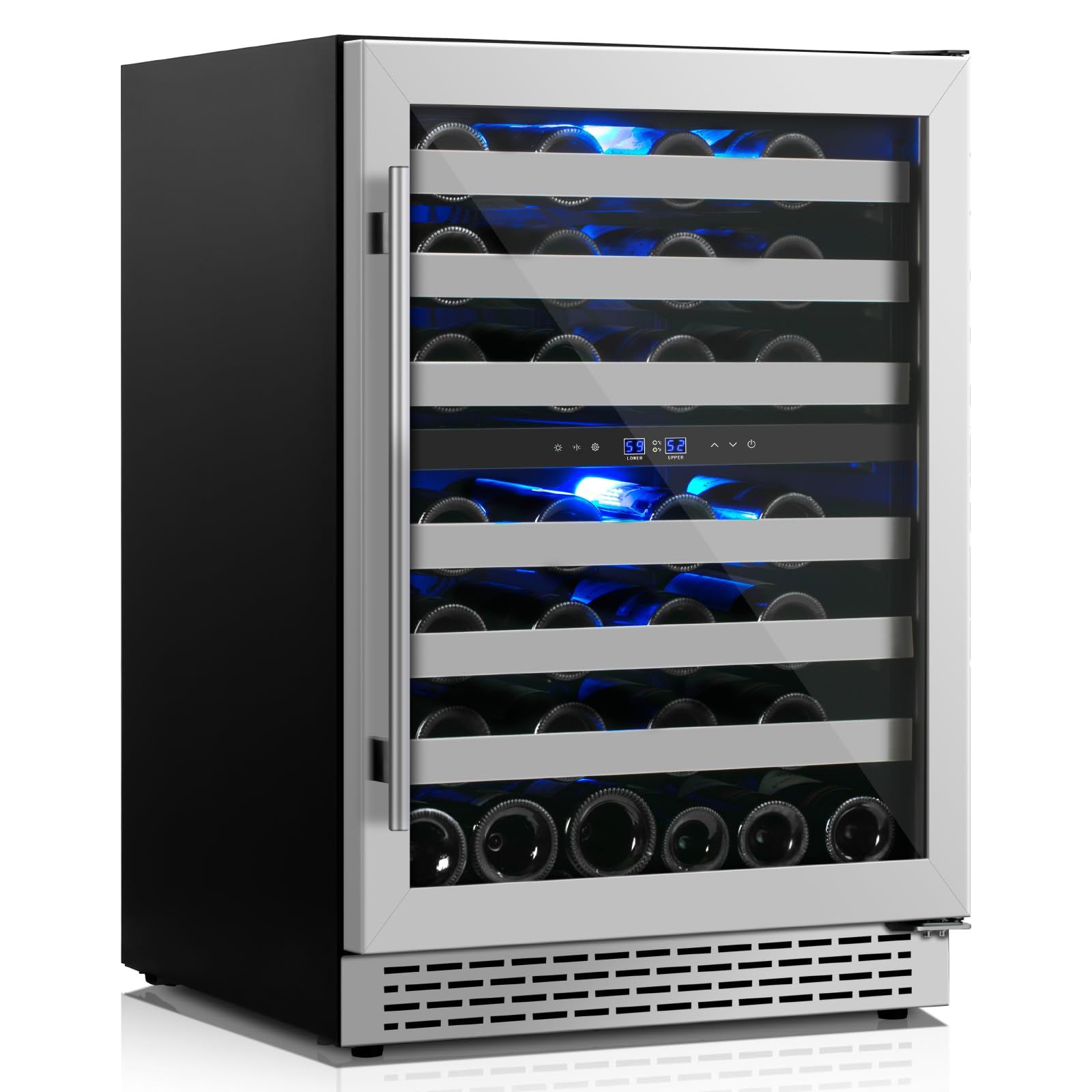 24 Inch Wine Cooler & Fridge Under Counter,54 Bottle Dual Zone Wine Cooler,New Upgrade Compressor,Blue Light Built-in/Freestanding,Reversible Stainless Steel Door Wine Fridge for Home/Kitchen