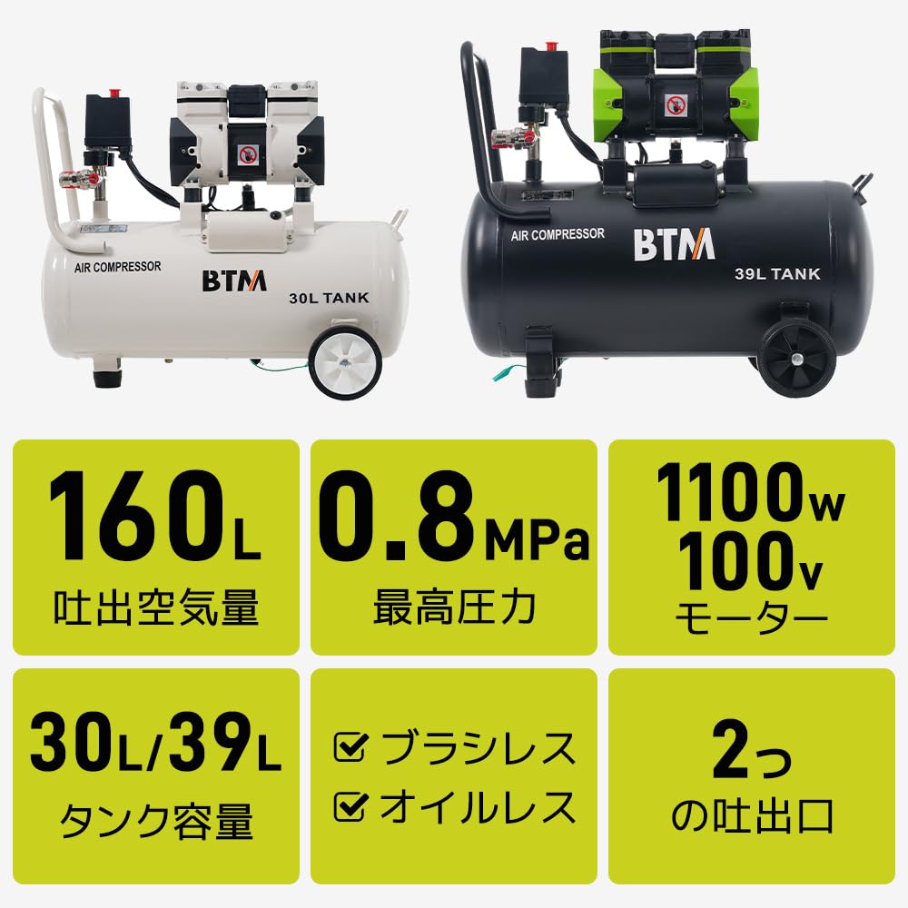 Amazon | 39L エアコンプレッサー コンプレッサー 静か 大容量 100v 