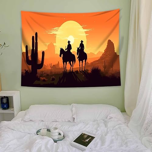 Miniatura 7 de MeguMoon Tapiz de vaquero occidental, tapiz de cactus del desierto, tapiz de atardecer de mediados de siglo, equitación en el desierto de mediados