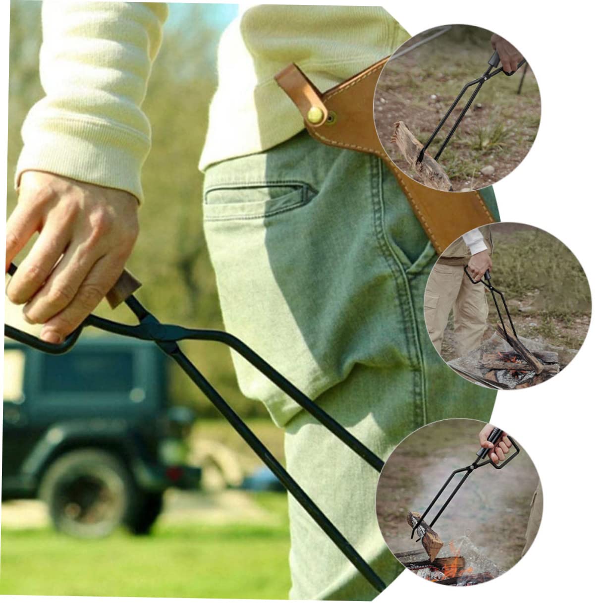 Pinza per Braci da Campeggio in Ferro con Manico in Legno Nero | Attività All'aperto e Picnic, Presa Stabile su Tronchi Spessi, Uso Comodo e Risparmio di Sforzo