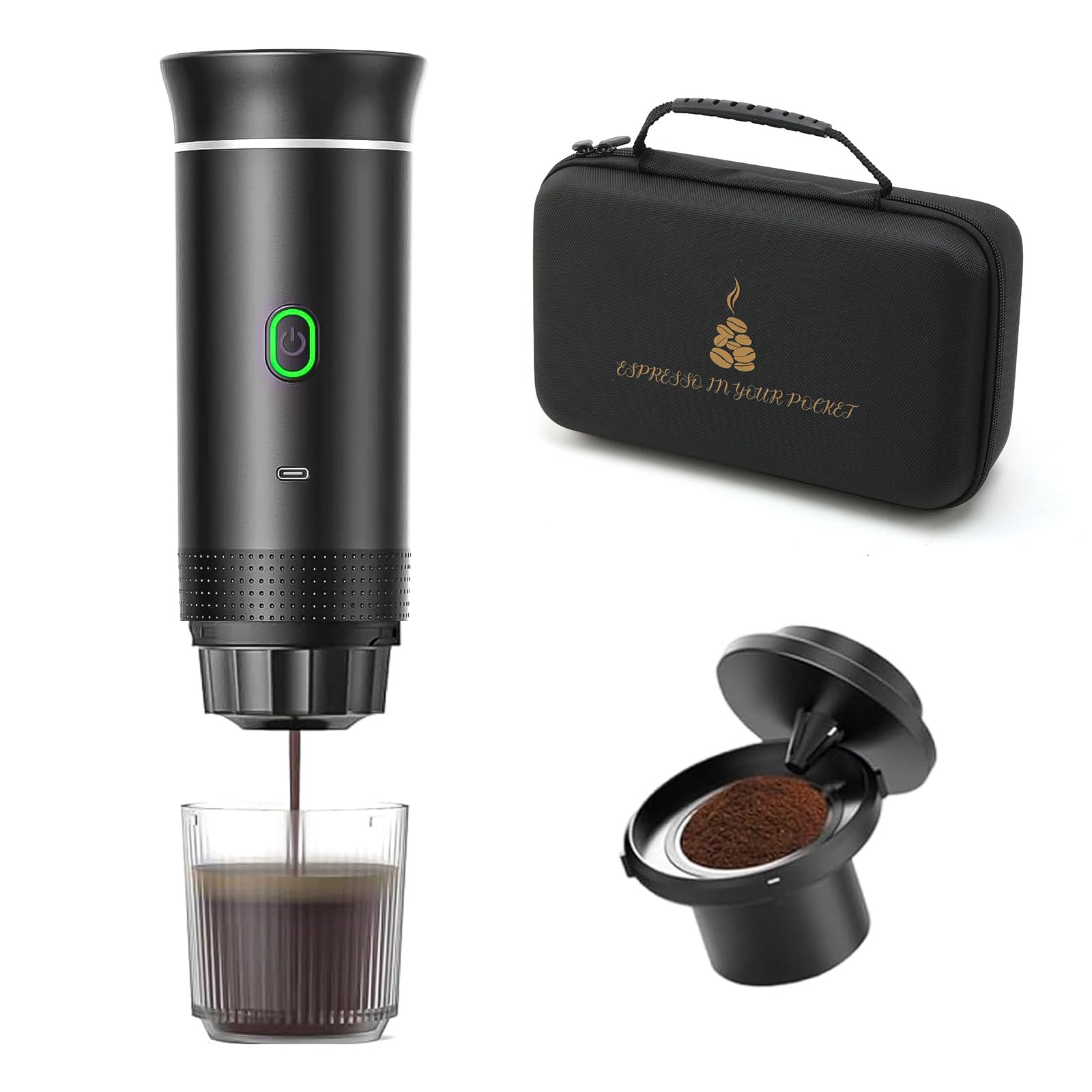 Máquina de café expreso portátil,Cafetera Portátil Cápsula de Espresso 3 en 1,15 bar,7500mAh,Autocalentamiento,compatible con cápsulas Nes y DG y café molido,para Oficina Viaje Camping(con bolsa)