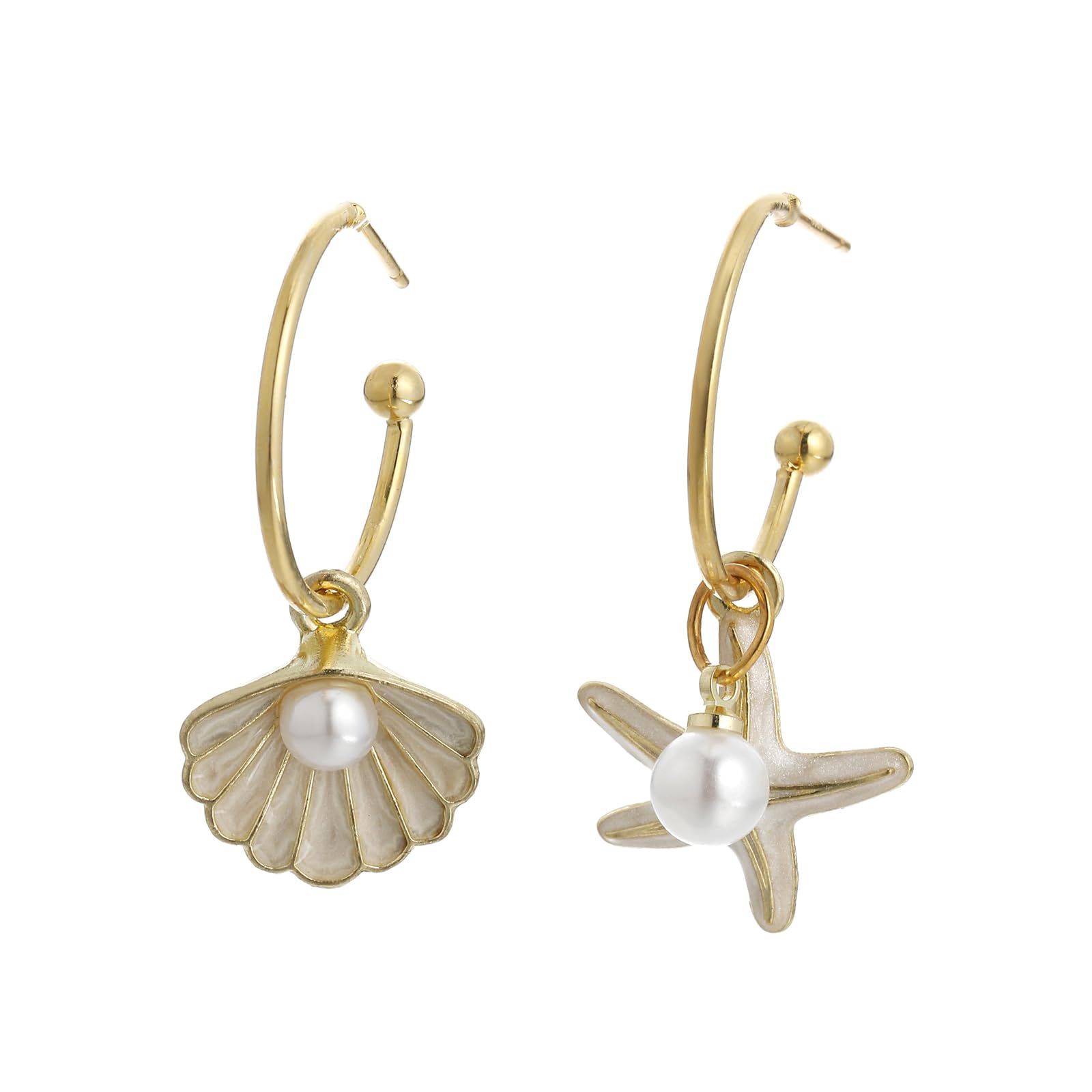 Winssigma Shell Hoop Earrings, Asymmetric Shell and Starfish Earrings Seashore Hoop Earrings Beach Jewelry
