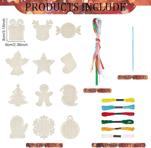 Miniatura 3 de FREEBLOSS Kit de punto de cruz de madera, 12 piezas con temática de Navidad, kit de punto de cruz de virutas de madera, decoración de árbol de