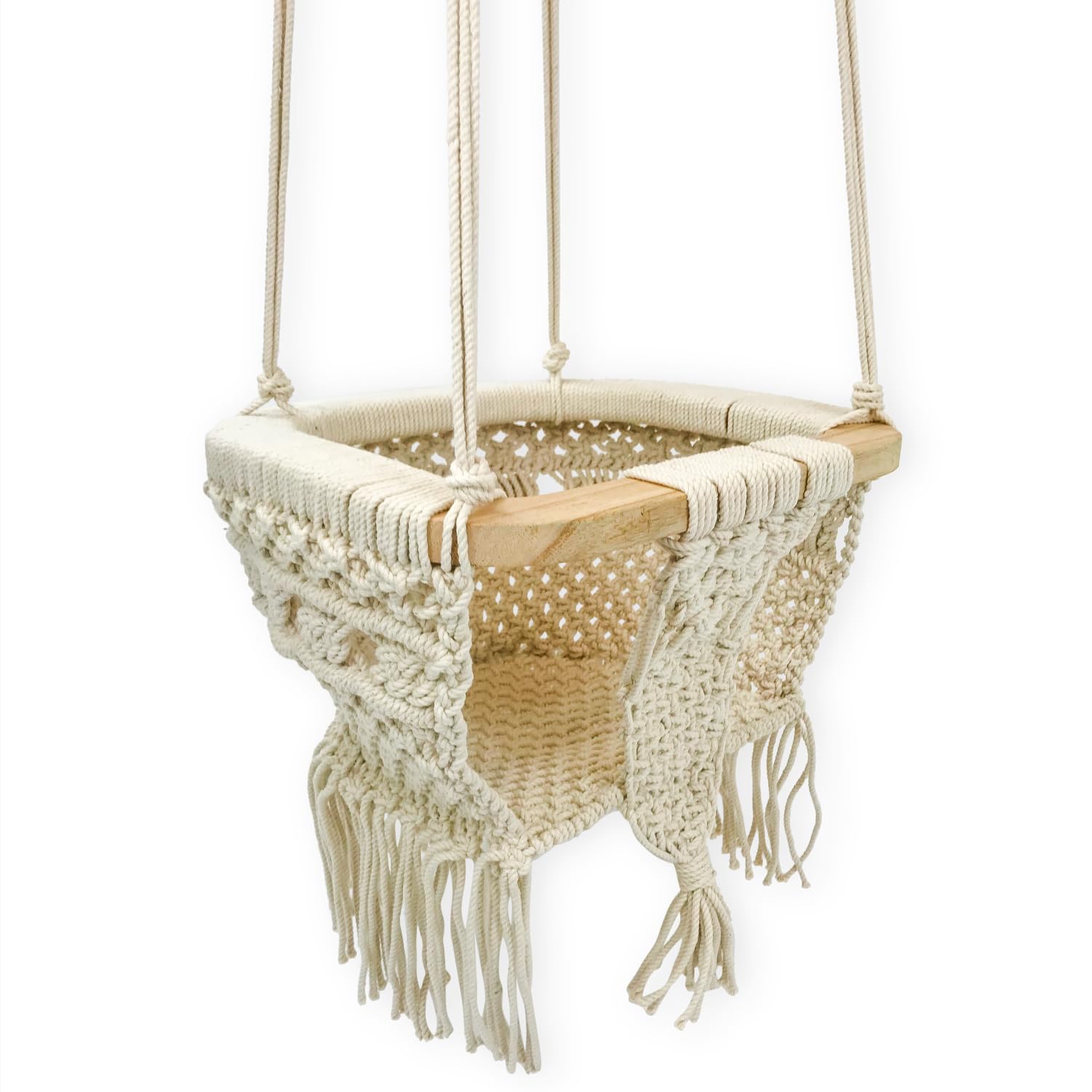 Finn + Emma - Handmade Macrame Baby Swing with Solid Wood Bar - Organic Baby Accessories - Handmade with Care