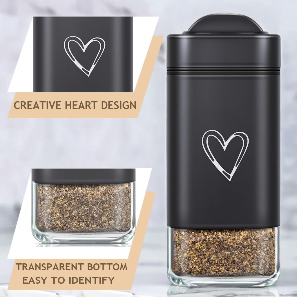 Salt and Pepper Shakers Set – Stainless Steel & Glass, Moisture-Proof with Lids, Modern Cute Heart Pattern Design Dispenser for Kitchen Gadgets Cooking Table RV Camp BBQ (black)
