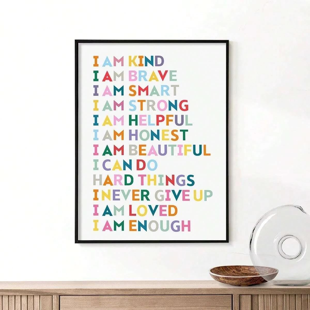 Yocheng Minimalist ”I Am Kind And Brave Slogan Canvas Prints Bohemian Style Alphabet Wall Art Poster For Living Room Home Decor 21x30cm No Frame