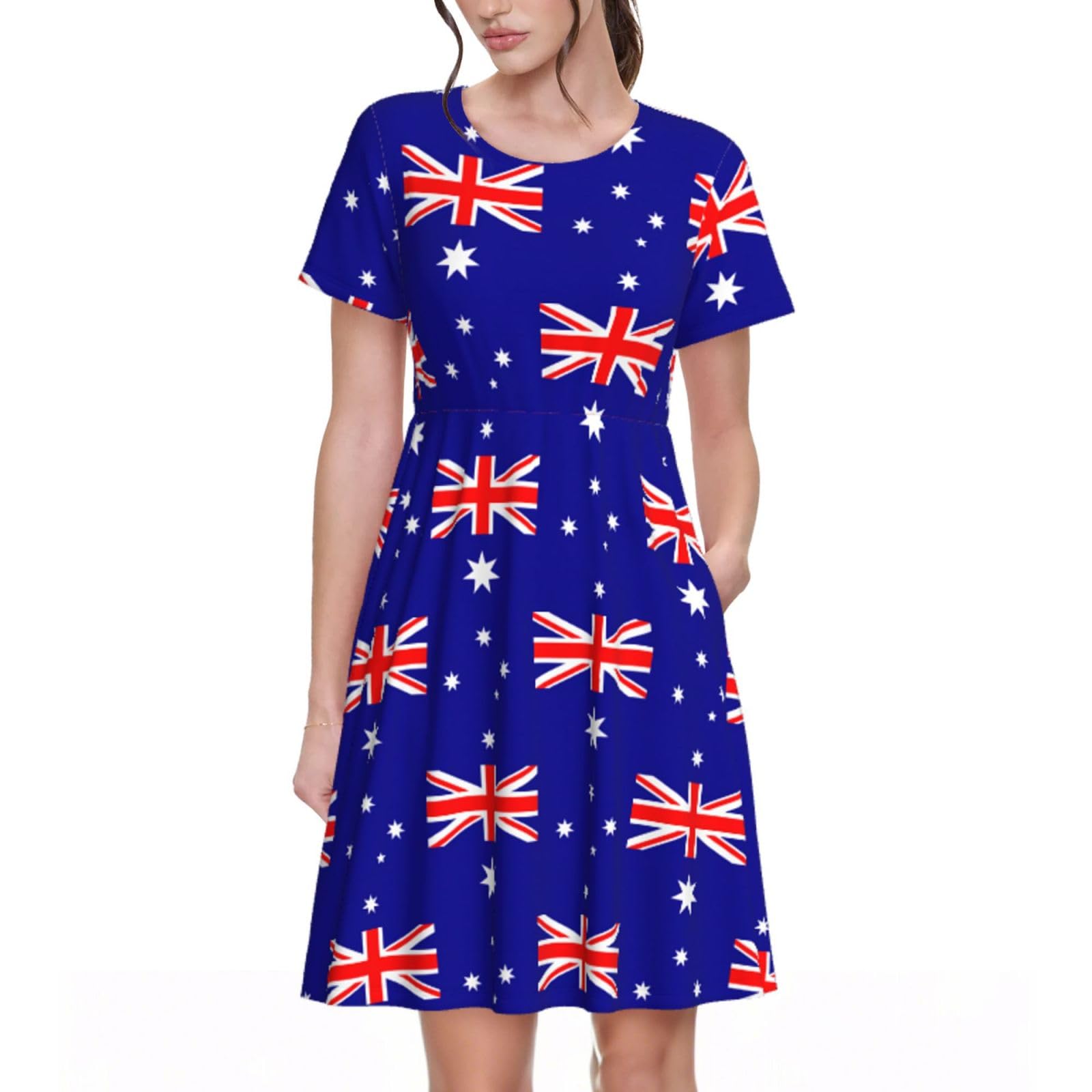 Okfsty Women's Black Australian Flag Summer Dress Casual Swing Short Sleeve Sundresses Beach A-Line Shift Dress With Pockets