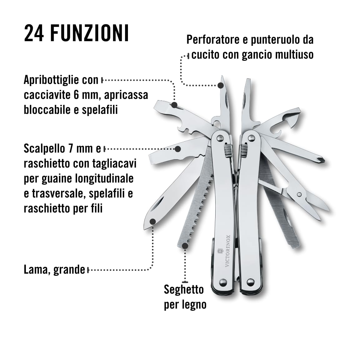 Victorinox Multi-strumento Swiss Tool Spirit X, 24 Funzioni, Multiuso con Lama Bloccabile e Pinze a Punta Lunga, incl. Fodero in Nylon, Argento