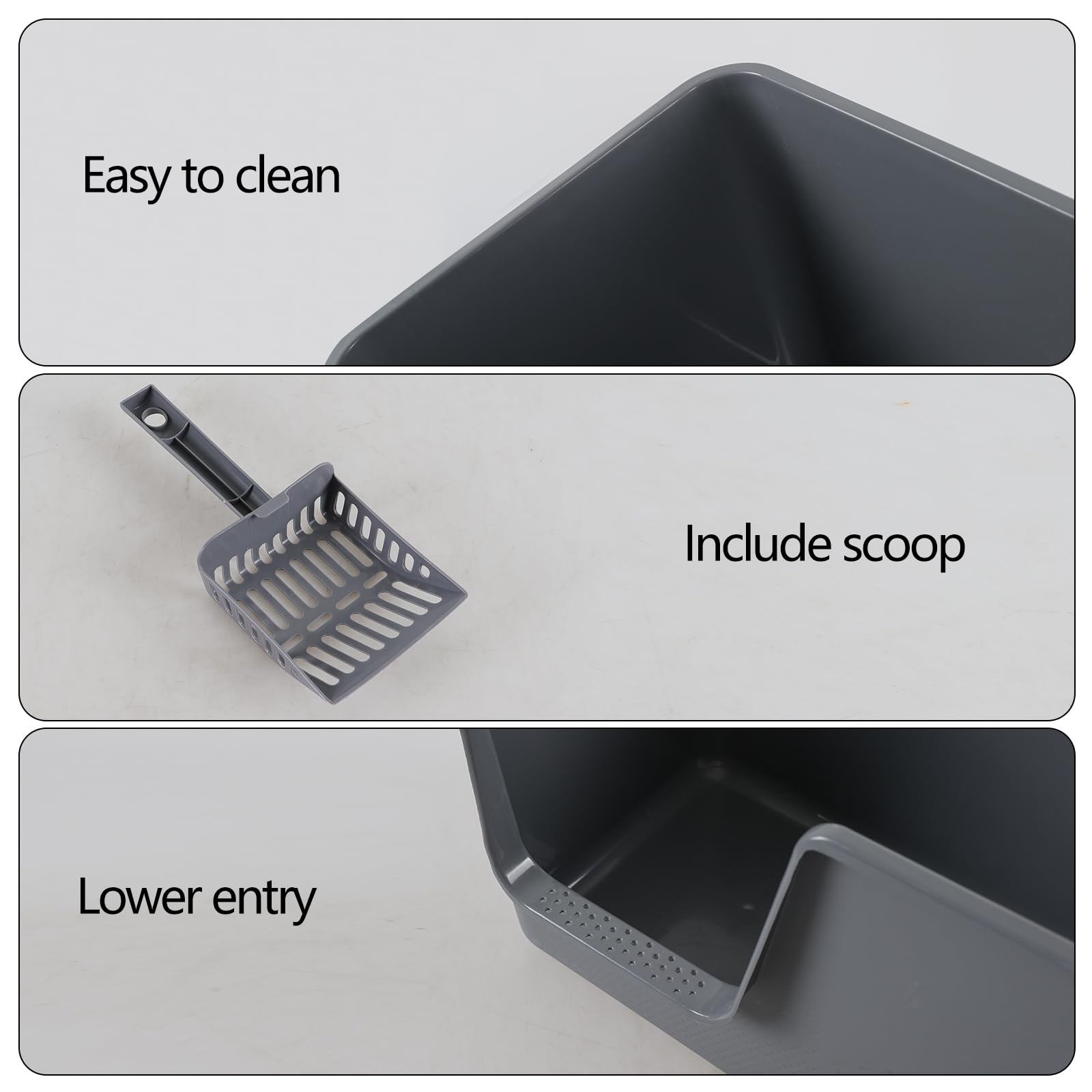 Esdiplot 4-Pack XX-Large Open Top High Sided Cat Litter Box, Plastic Cat Litter Pan with Scoop, Grey