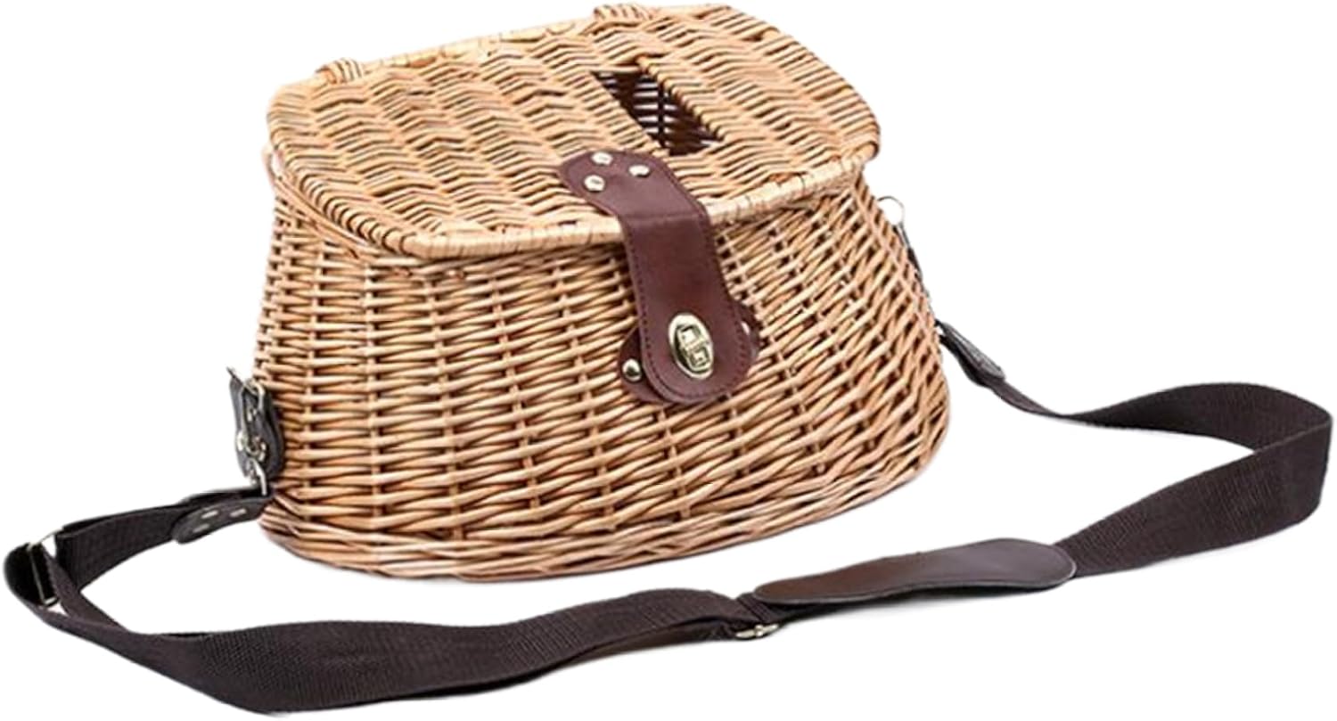 Wicker Fish Basket with Lid and Adjustable Straps, Classic Fishing Basket, Lightweight for Caught Fish, Vintage Wicker Picnic Fishing for