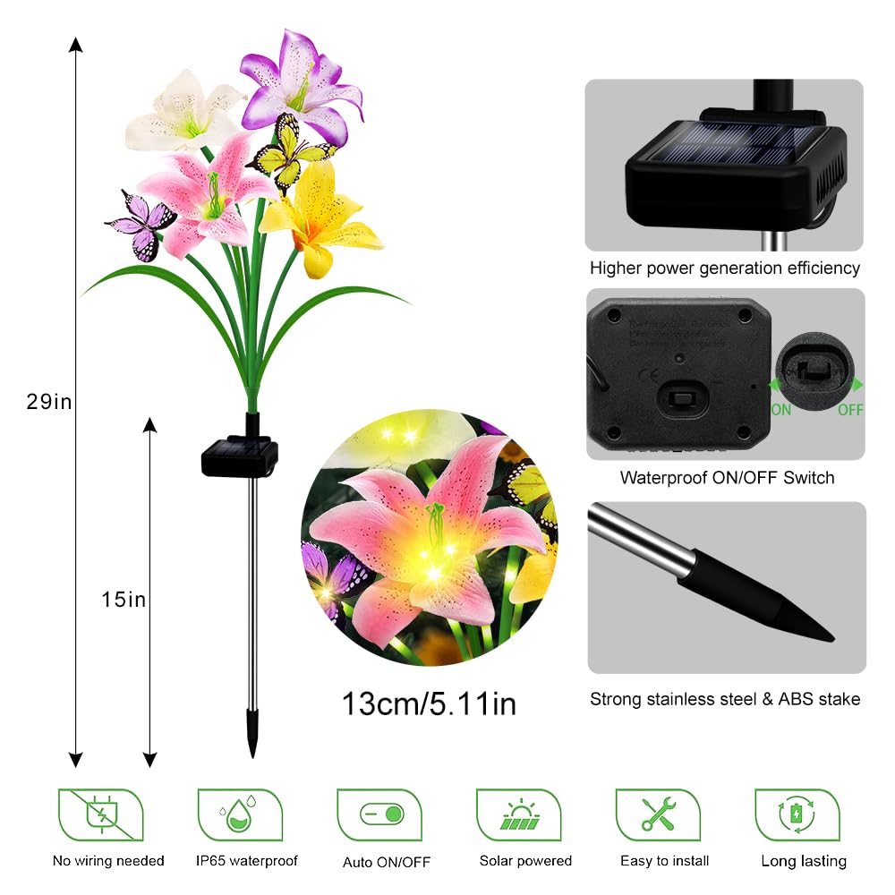 Confezione da 2 luci solari da giardino con 8 gigli, luci decorative per esterni, per giardino, regalo per familiari e amici, IP65, impermeabili, luci solari per esterni, per cortile, patio,