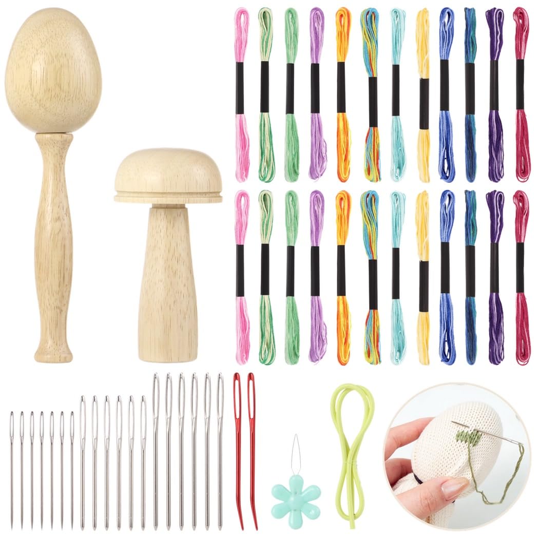Stopfset, Stopfei und Stopfpilz für Stickarbeiten, Nähset für Socken, Teppiche und Kleidung, Stickset mit Nadeln mit großem Öhr und farbigen Regenbogen Nähgarnen für DIY Handarbeiten
