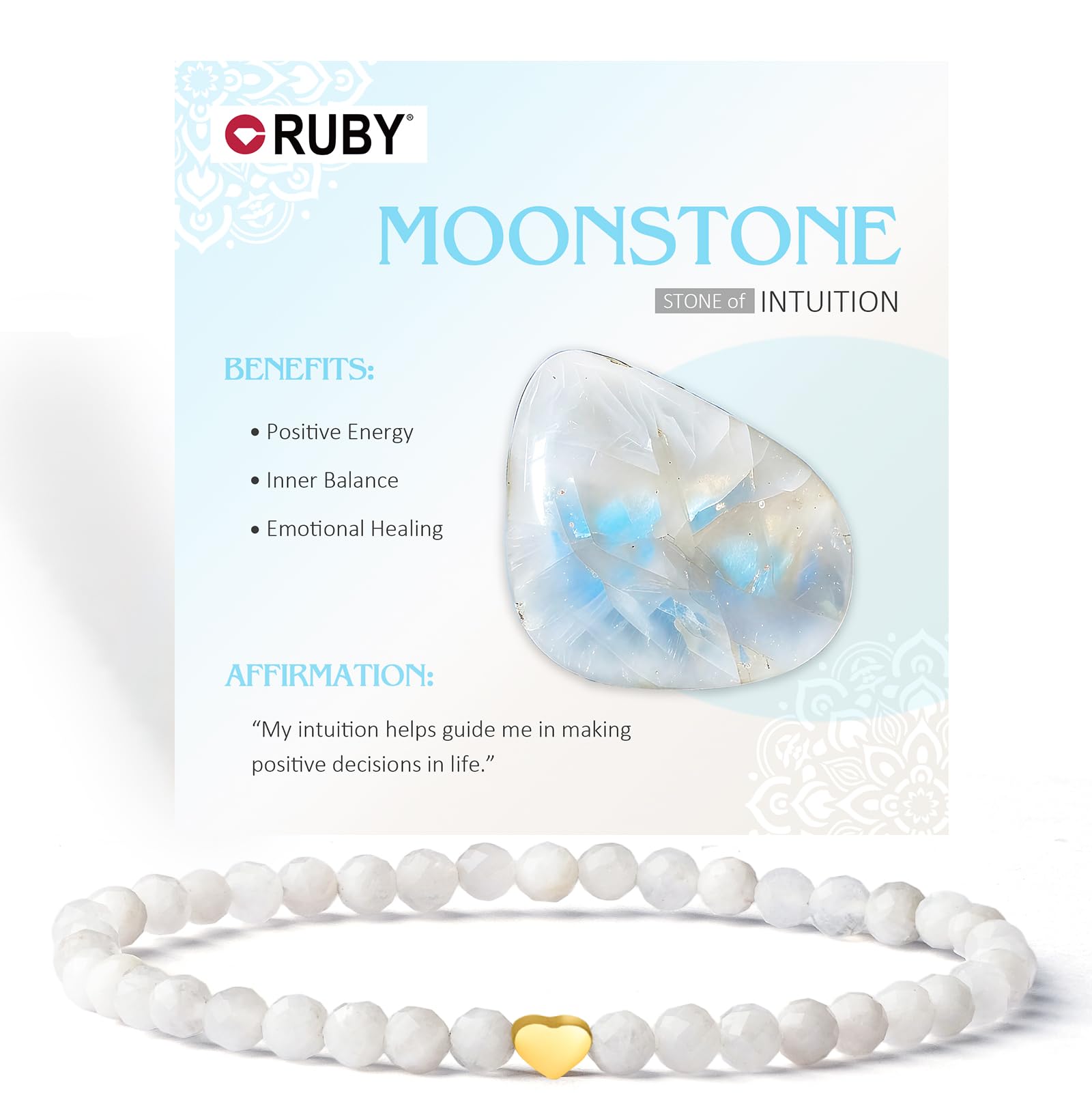 RUBY Edelstein Perlen Armband für Frauen, 4mm Perlen und 18K Vergoldet Edelstahlherz Armbänder Damen,elastischer Schmuck Yoga,Geschenk zum Muttertag-Inklusive Geschenkbox Holz