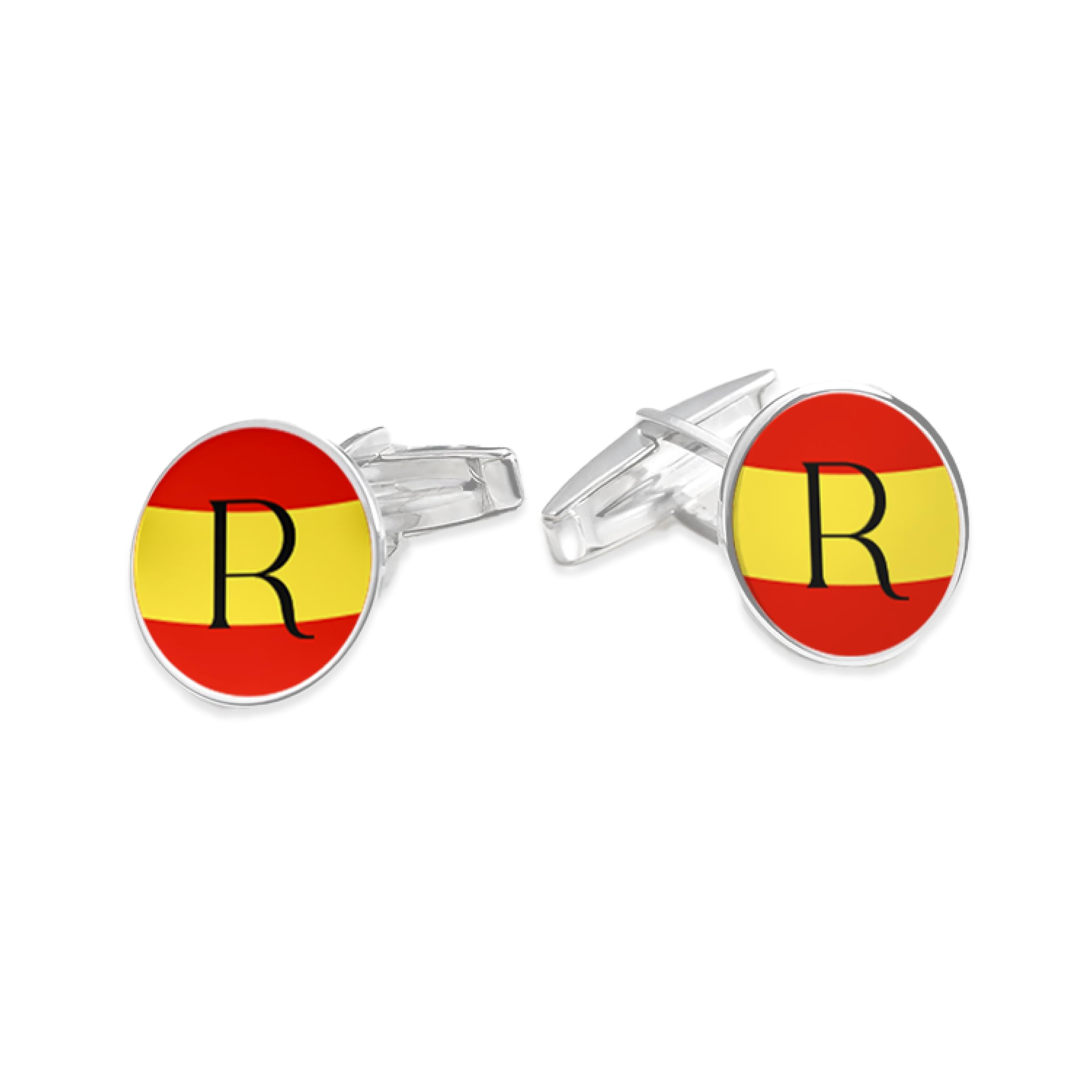 Pla Pla Pla Gemelos bandera España, de plata redondos. Par de Gemelos circulares personalizados, para Bodas, eventos, fiesta. Gemelos con inicial para Camisa Traje Esmoquin. Regalo día del padre, regalo padrino.