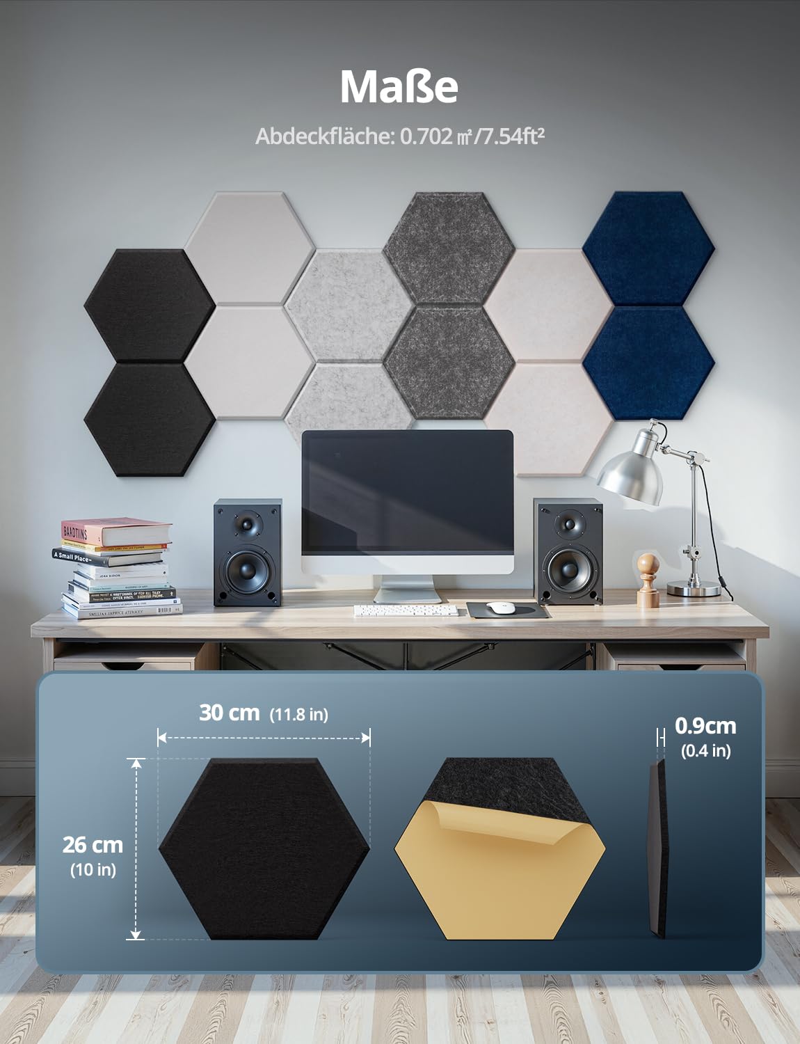 Kuchoow Hexagon Akustikplatten selbstklebend Schallabsorber Wand, 12 Stück Akustikpaneele Filz Akustik Absorber für Studio, Gaming, Büro, Decke, Tür, Kinderzimmer, Wohnzimmer, 30x26x0,9 cm, Schwarz