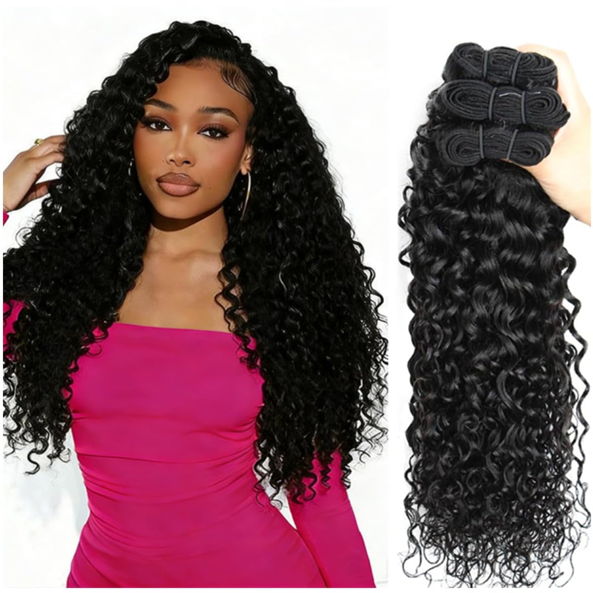 Tissage Cheveux Humains 16 18 20 Pouces 12A Water Wave Bundles Human Hair Cheveux Brésiliens Vierges 100% Non Traités Curly Bundle Full and Thick Noir Naturel