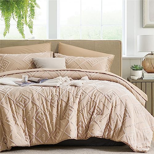KAKKI Khaki Tufted King Size Comforter Set 7 Piece Bed in a Bag, Shabby Chic Boho Comforter and Sheet Set, Soft Microfiber Complete Bedding Set for All Season(Khaki, King)
