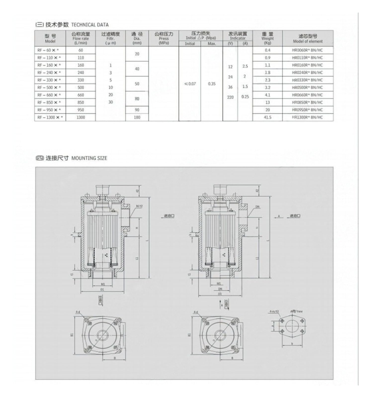 Filtre de retour hydraulique RF-330 * 10L, filtre à huile à retour droit