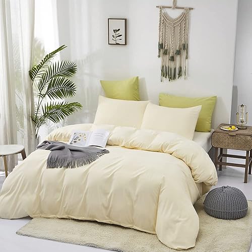 Miniatura 6 de CLOTHKNOW Juego de edredón de 3 piezas de color beige marfil, tamaño Queen, color beige claro, juego de edredón de 3 piezas, color amarillo claro