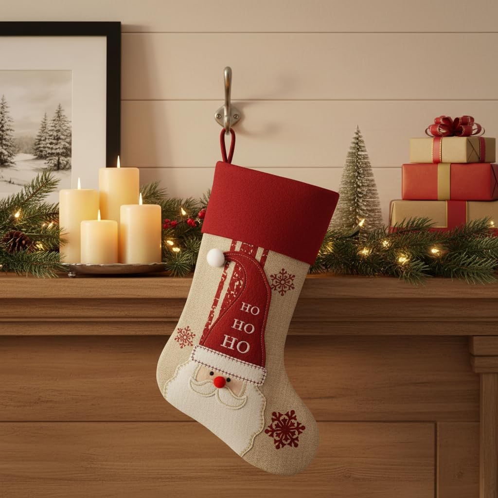 Comfy Hour 18"x11" Santa Claus Christmas Stocking, Rustic Antique Vintage Figurine Style Home Decor, HO HO HO Snowflake Indoor Mantel Decoration