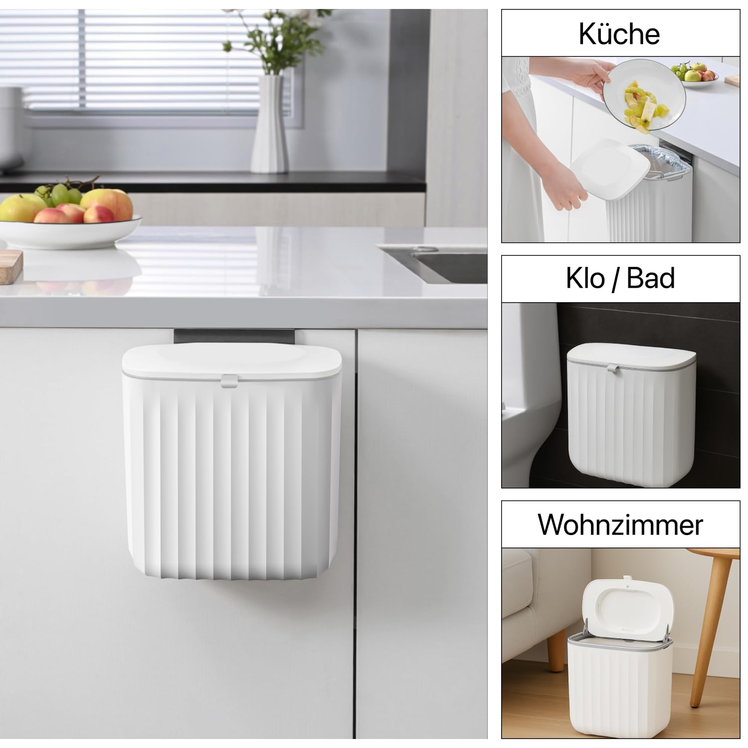 Poubelle 8L avec couvercle, poubelle suspendue pour cuisine et salle de bain, couvercle à 2 voies, montage sans perçage, PP+ABS, blanc, 25 x 15 x 25 cm