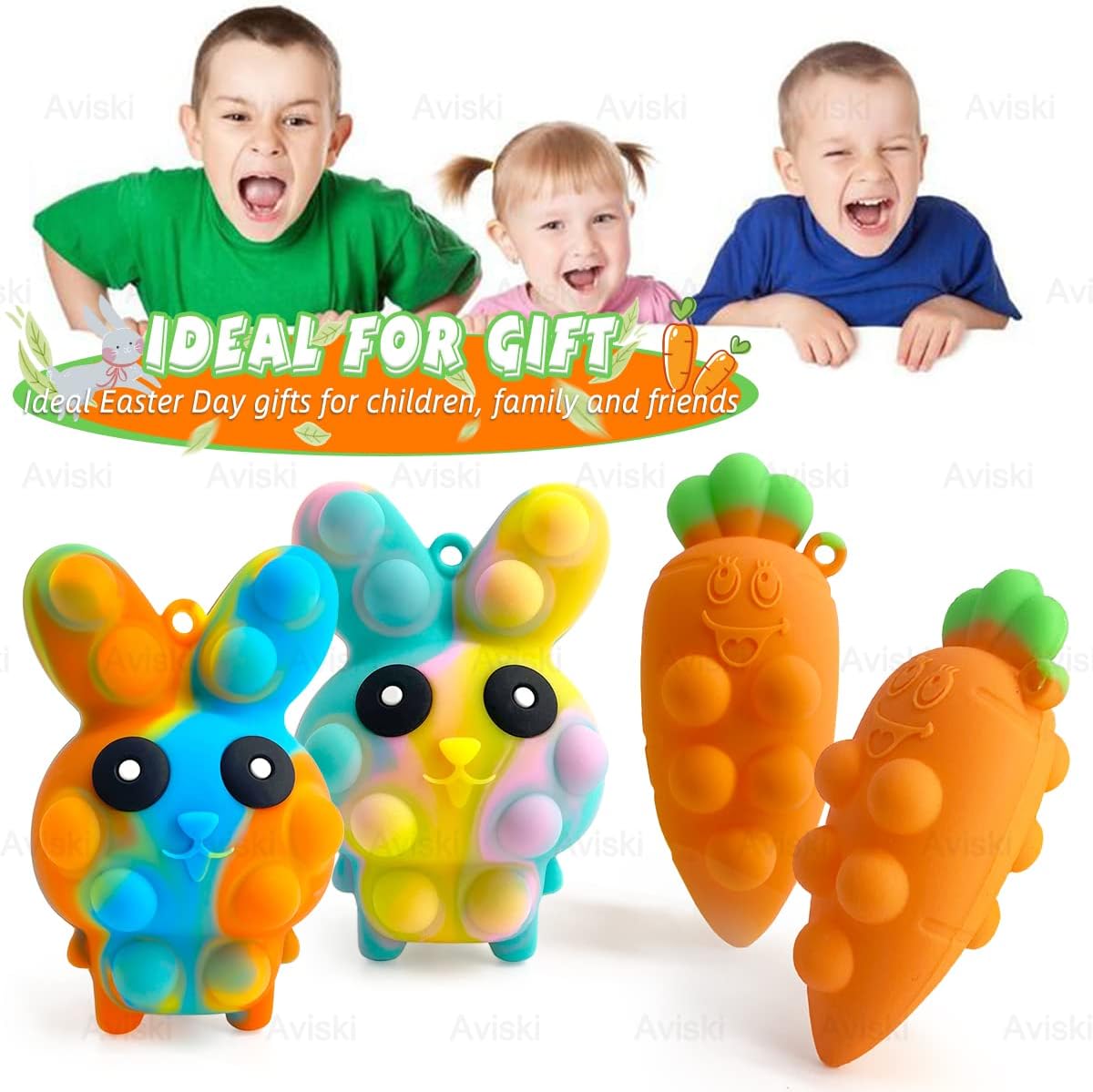 4PCS Easter Pop Stress Balls Fidget Toys, 3D Bunny + Carrot Push Bubble Sensory Balls Fidget Toy, Soft Silicone Squeeze Toys for Kids Adults Stress Relief Party Favors